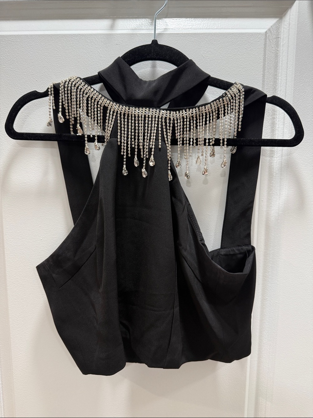 SHEIN Black Rhinestone Fringe Halter Top